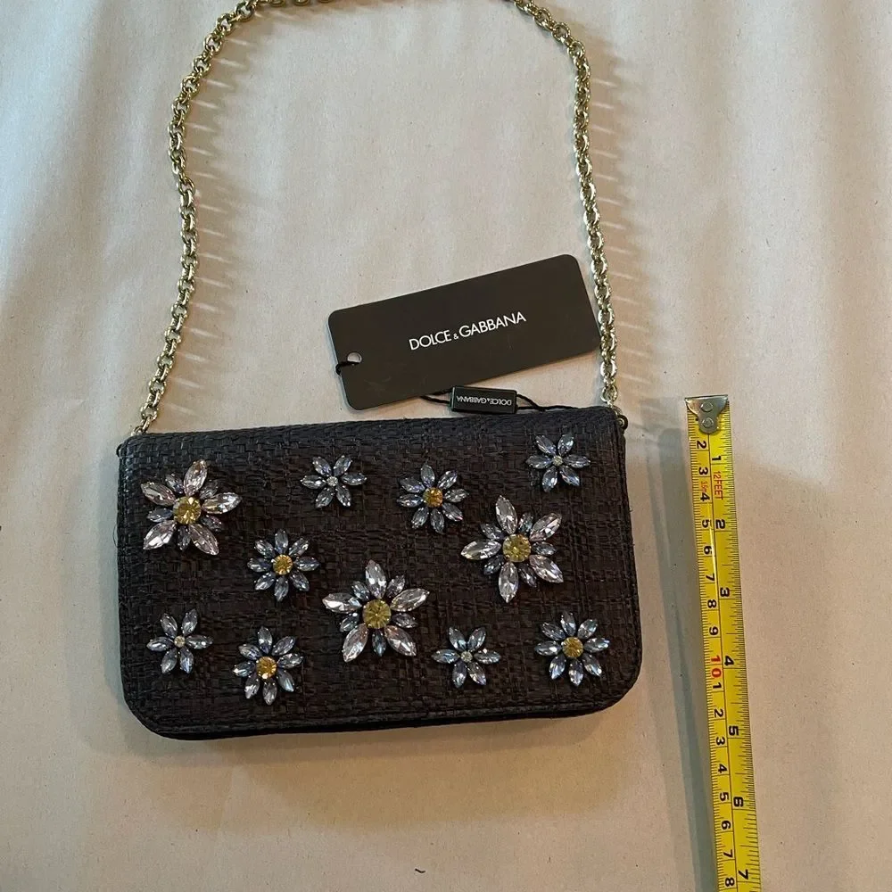 Dolce&Gabbana Floral Embellished Black Raffia Clutch NWT Pristine Condition